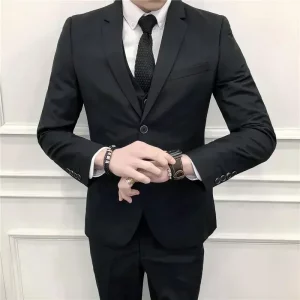 Full-length shot of men’s 3-piece slim-fit suit styled with white shirt and tie for business wear Full-length shot of men’s 3-piece slim-fit suit styled with white shirt and tie for business wear
