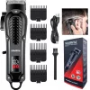SOLIMPIA cordless hair trimmer. USB rechargeable, LED display, ceramic blade, 4 guide combs, waterproof, and skin-safe.