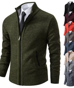 Men's Fleece Lined Cardigan Sweater - Stand Collar Zip Up Sweatshirt Jacket, Warm Winter Coat